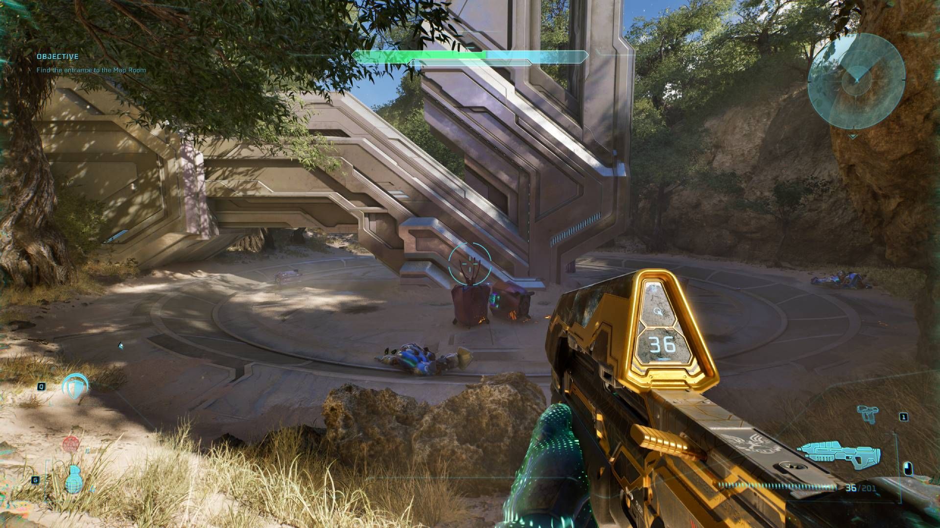 The player in Halo: Campaign Evolved looking at the structure with the Acrophobia skull on.