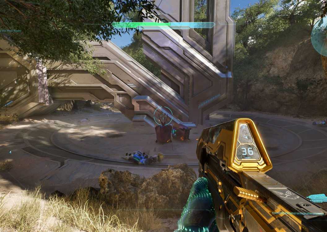 The player in Halo: Campaign Evolved looking at the structure with the Acrophobia skull on.
