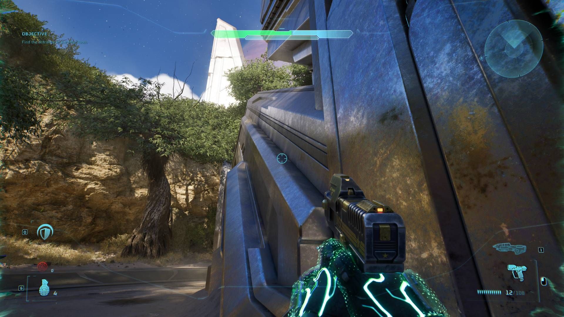 The player in Halo: Campaign Evolved climbing the structure with the Acrophobia skull on.