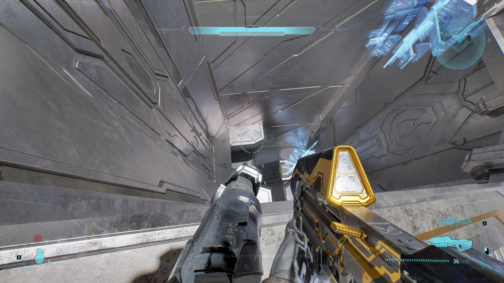 The player in Halo: Campaign Evolved looking down at the Hip Fire skull.