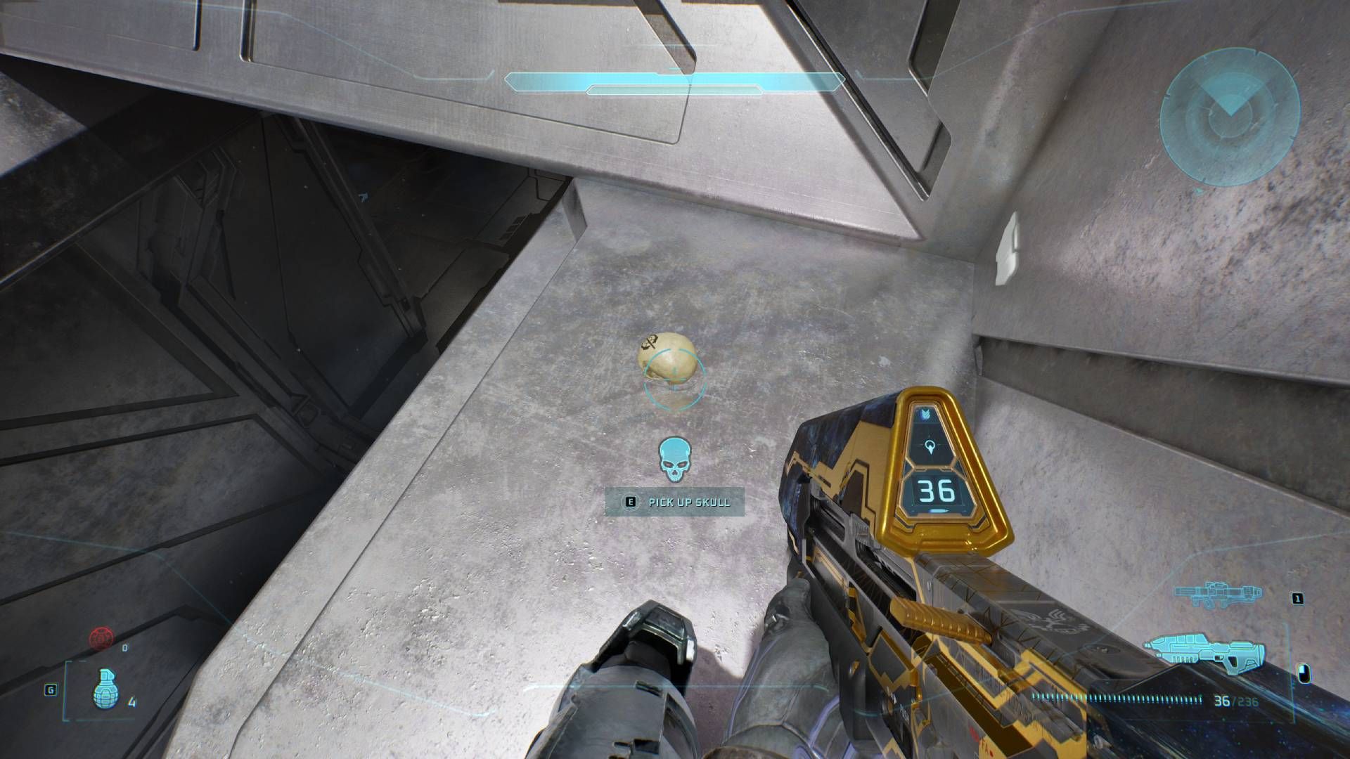 The player in Halo: Campaign Evolved looking at the Hip Fire skull.