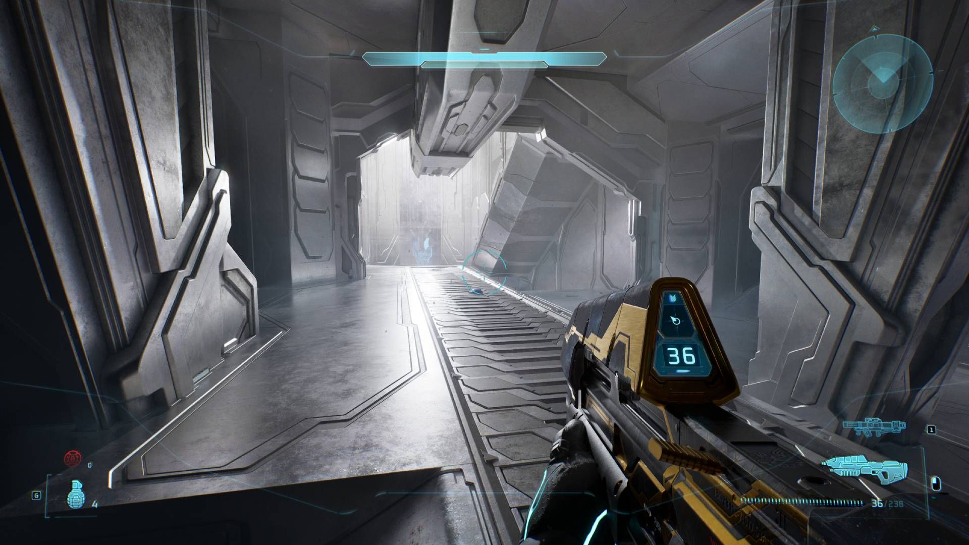 The player in Halo: Campaign Evolved looking at the stairwell with the Hip Fire skull in.