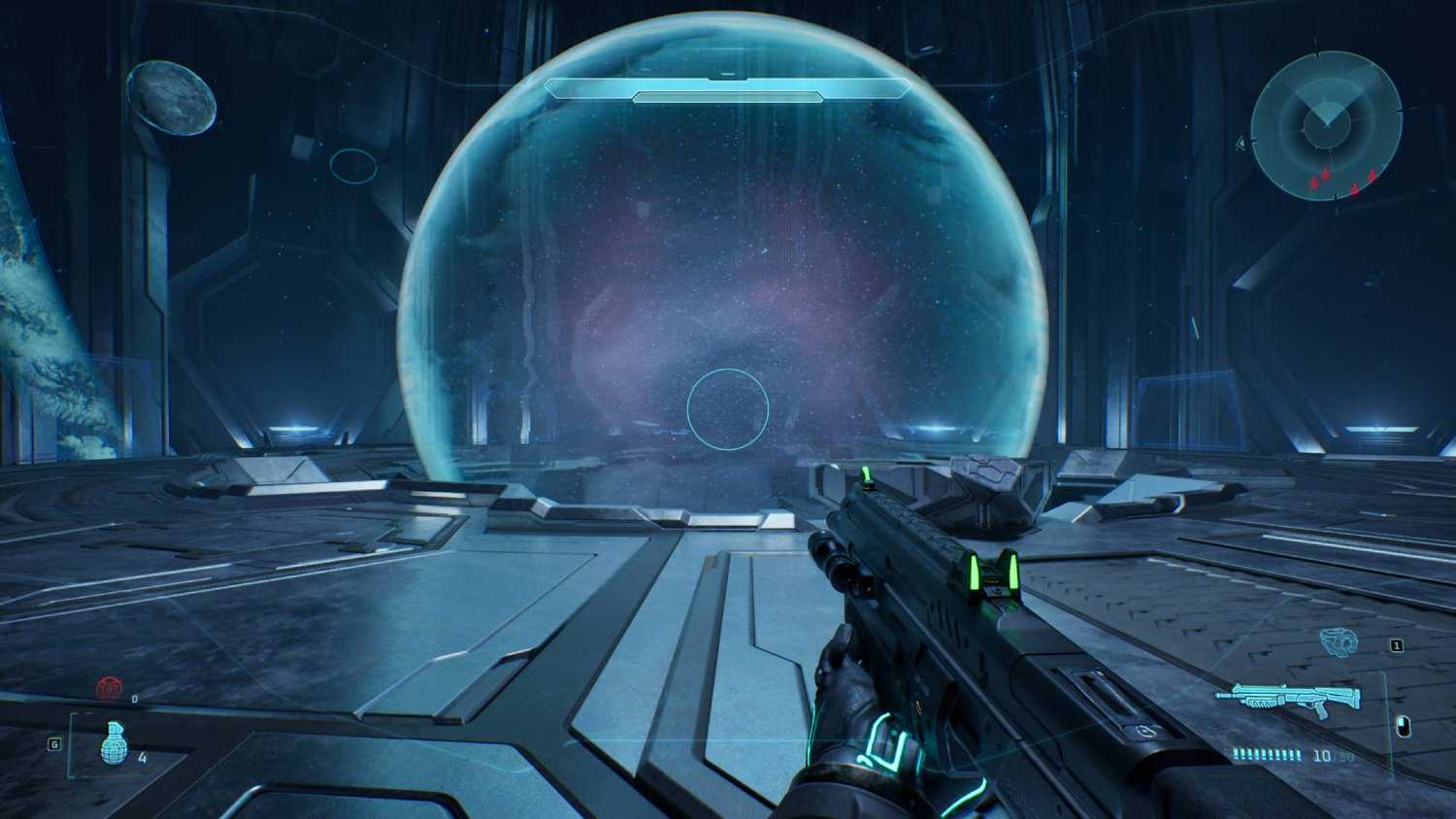 The player in Halo: Campaign Evolved looking at the holographic planet.