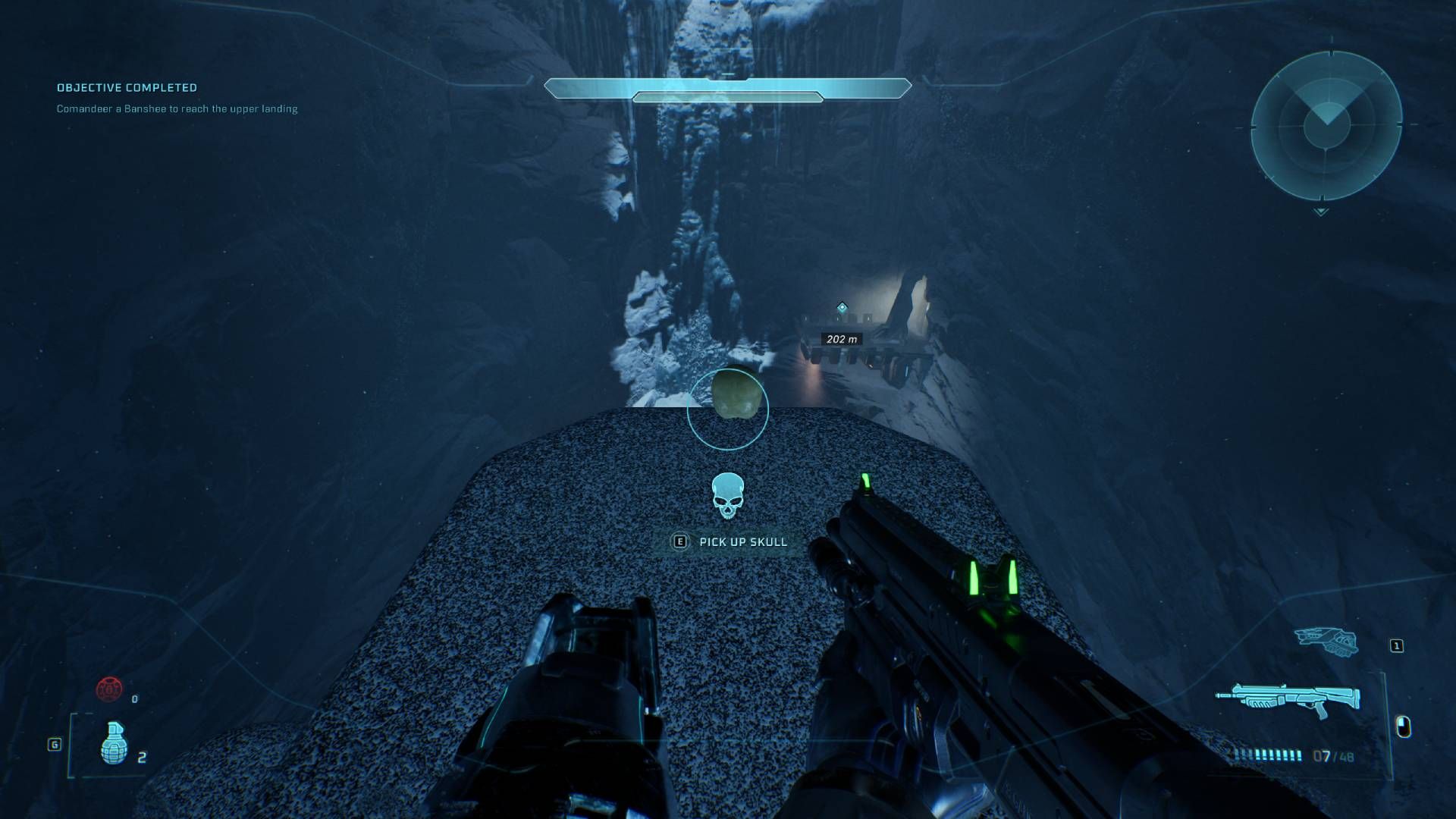 The player in Halo: Campaign Evolved looking at the Tough Luck skull.