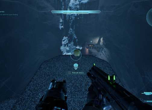 The player in Halo: Campaign Evolved looking at the Tough Luck skull.
