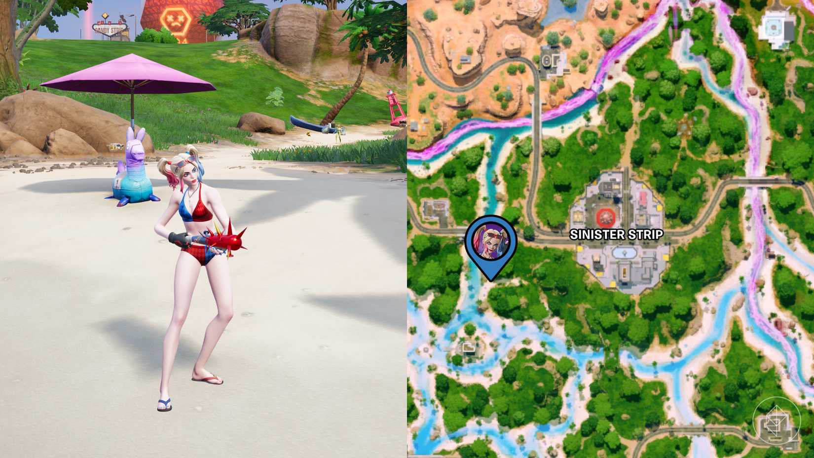 Harley Quinn standing on a beach with its location marked on the Fortnite map.