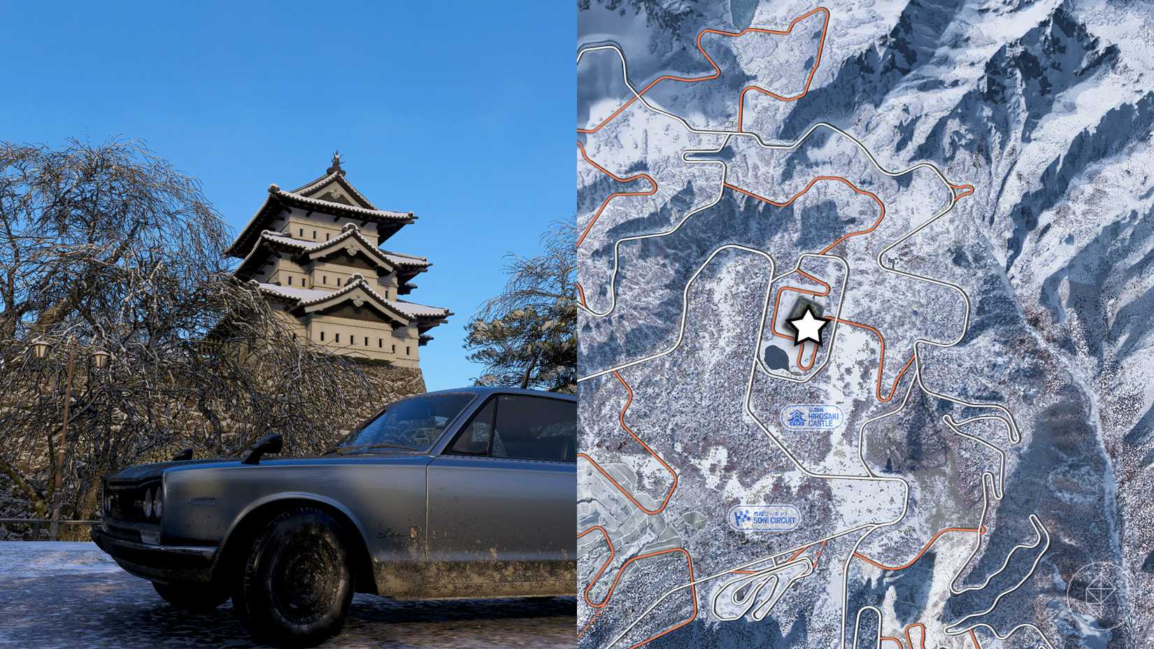 The location of Hirosaki Castle marked on the Forza Horizon 6 map with a star.