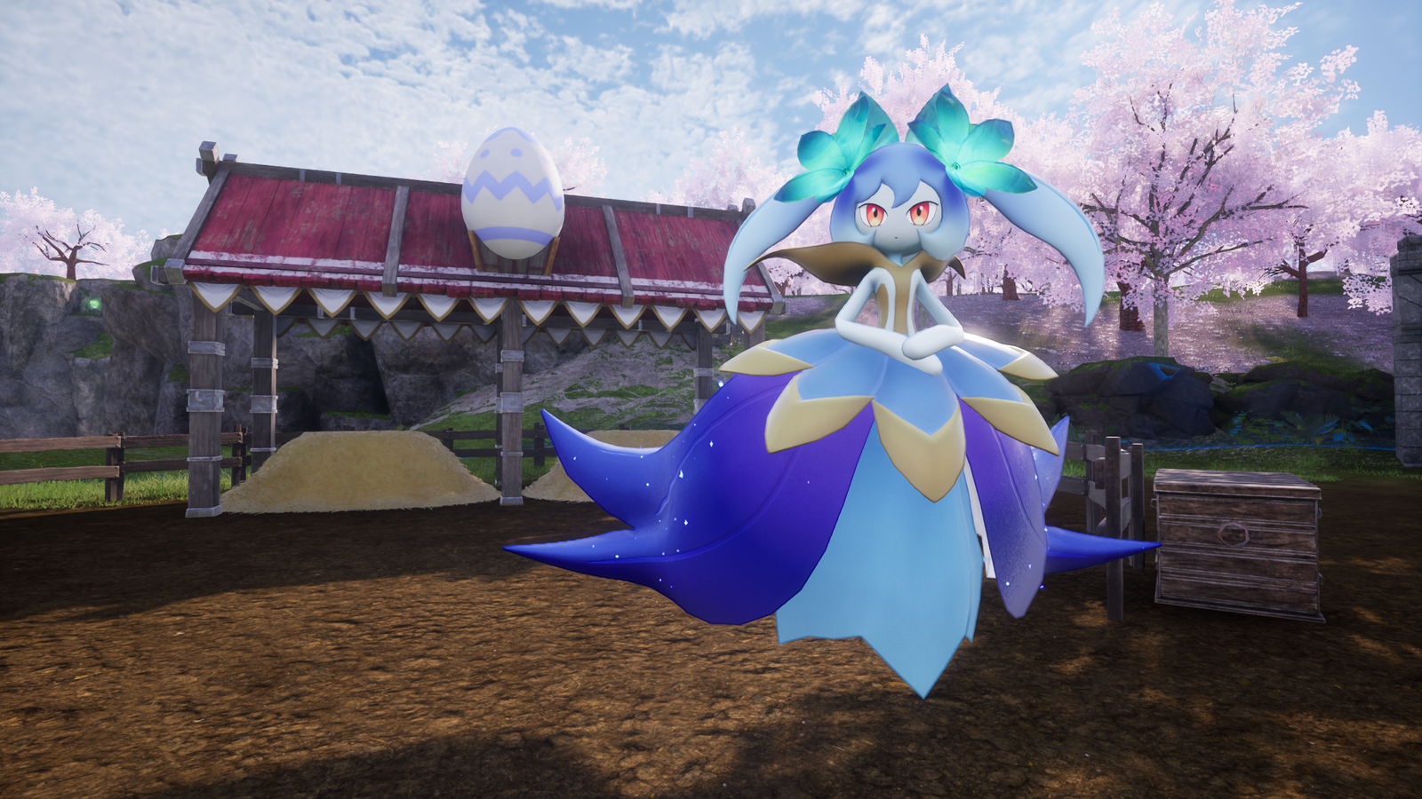 A Pal with a flower dress and two flowers in their hair at a farm in Palworld.