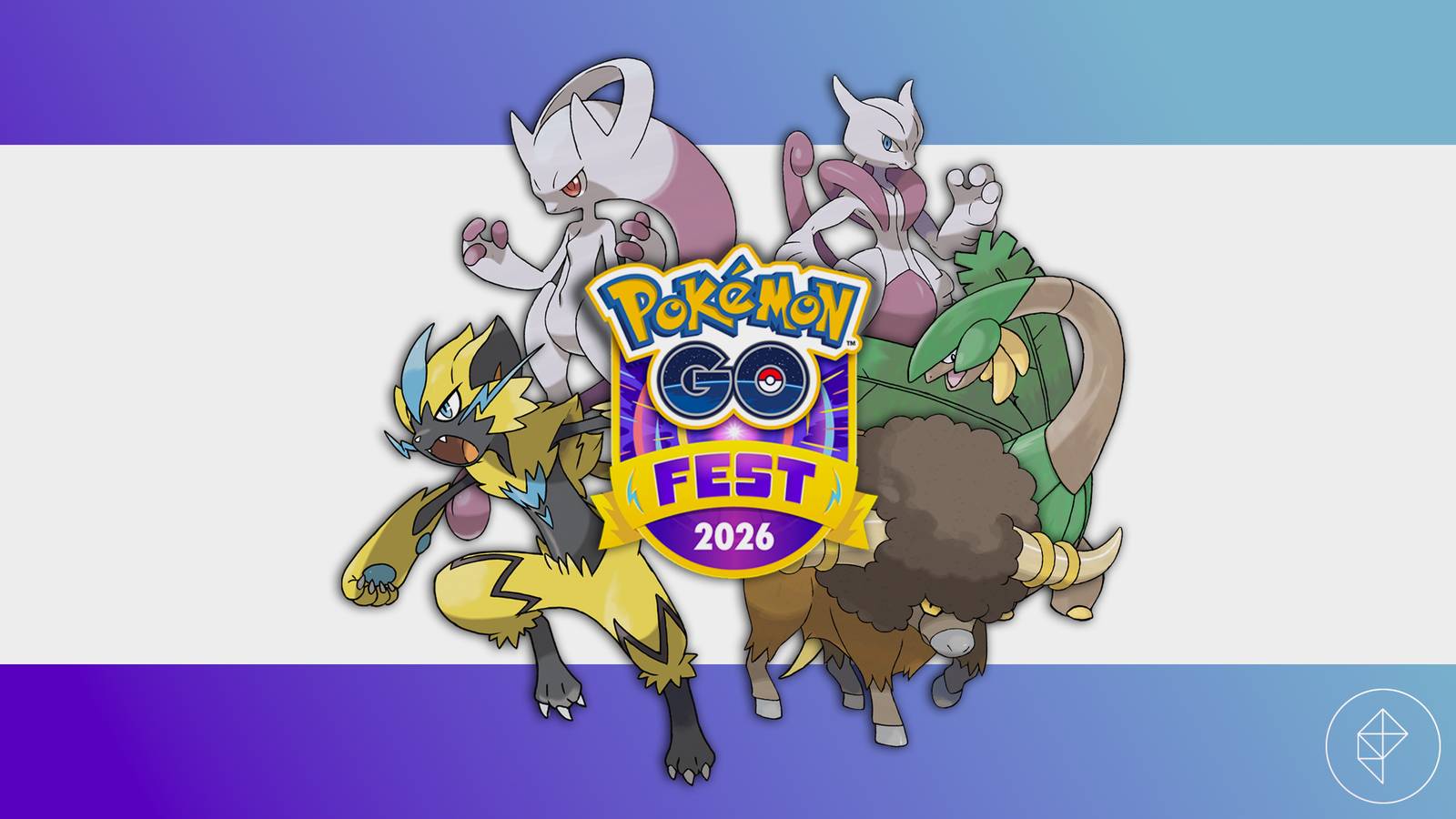 Mega Mewtwo Y, Mega Mewtwo X, Zeraora, Bouffalant, and Tropius around the Pokémon Go Fest 2026 emblem.