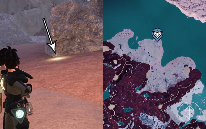 Palworld character standing in front of a glowing spot on the ground with its location pinned on the map.