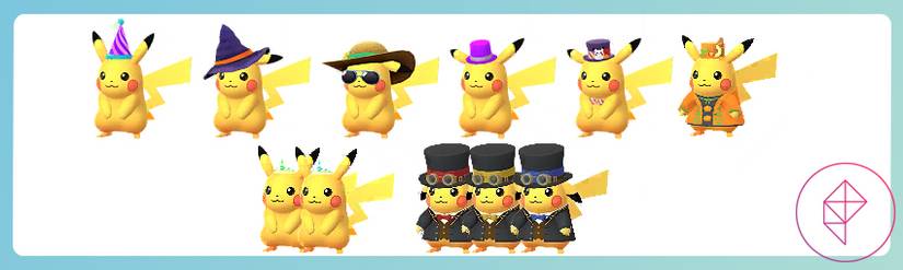 Several costumed Pikachus lined up together