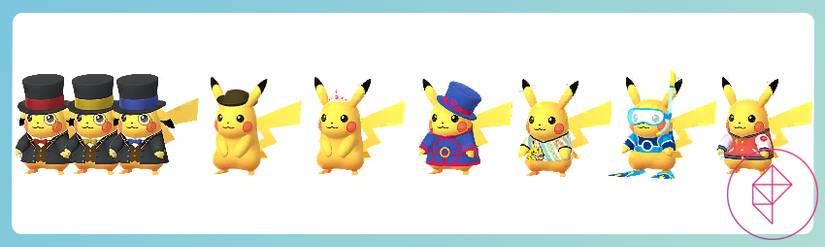 A line-up of Pikachu, more skewed towards ones from World Championship events