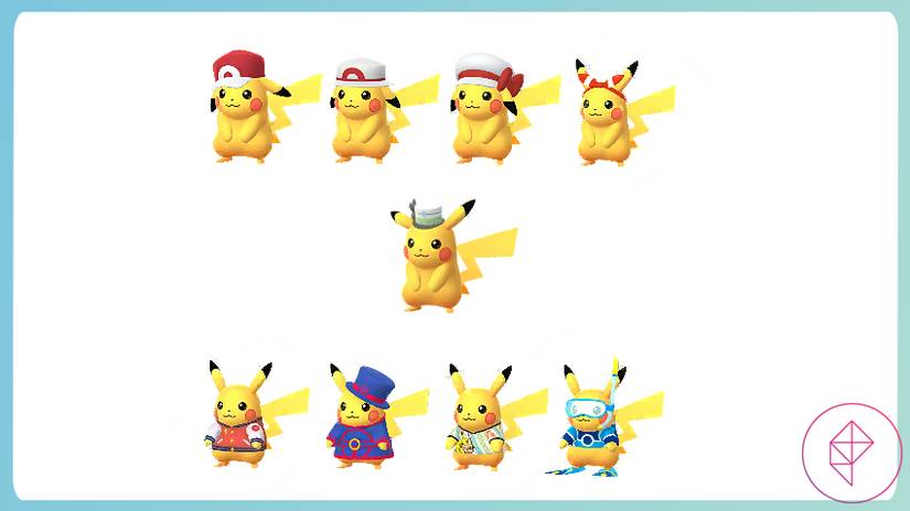 Pikachu in several hats and outfits, including World Championships outfits and hats based off of trainers.