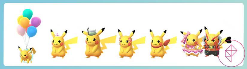 Nhiều Pikachu mặc trang phục, bao gồm cả Pikachu cầm bóng bay