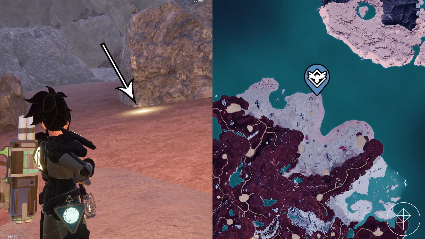A Palworld character approaches a golden spot on the ground on Feybreak Island.