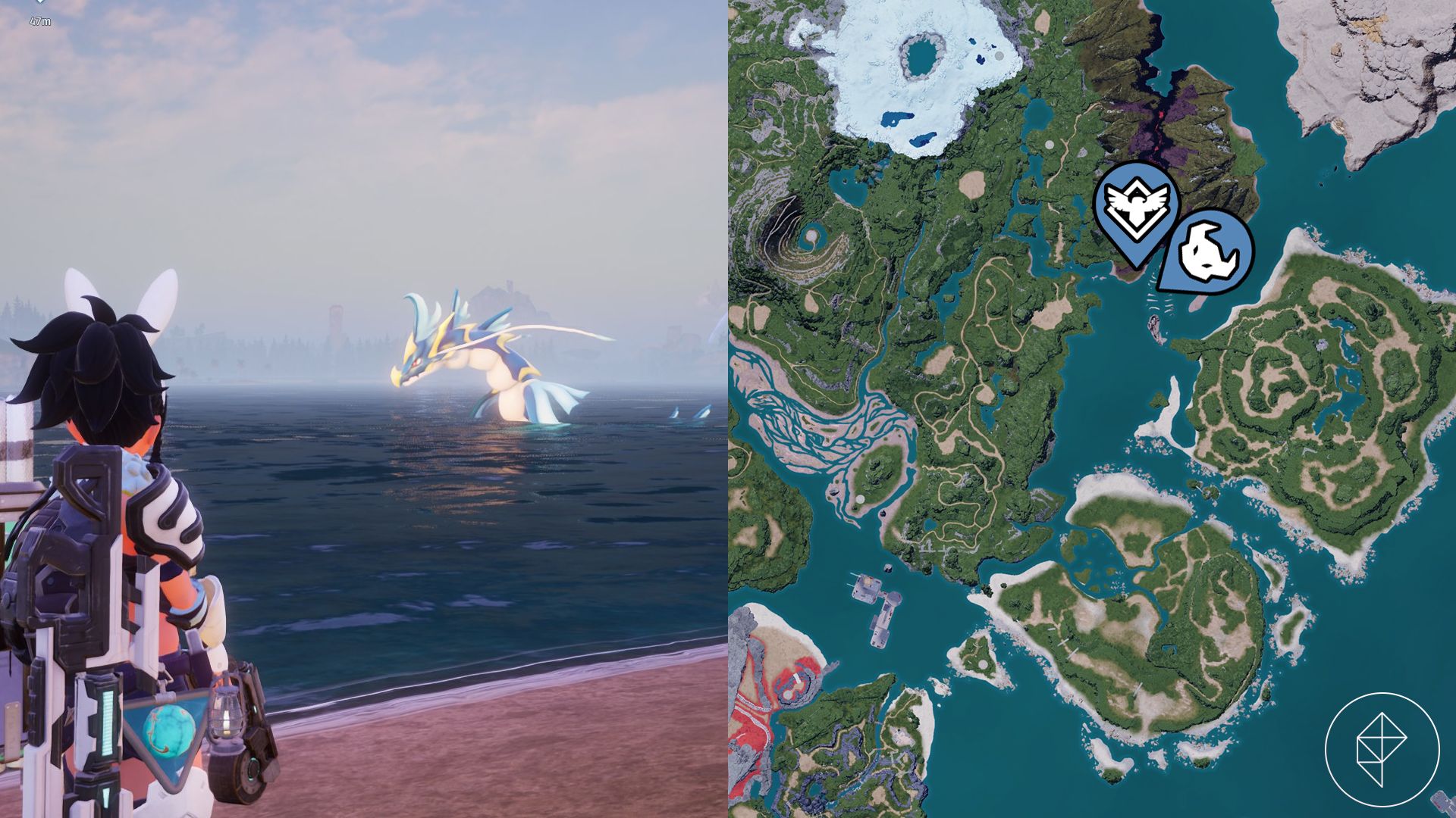 A huge serpent in the water in Palworld