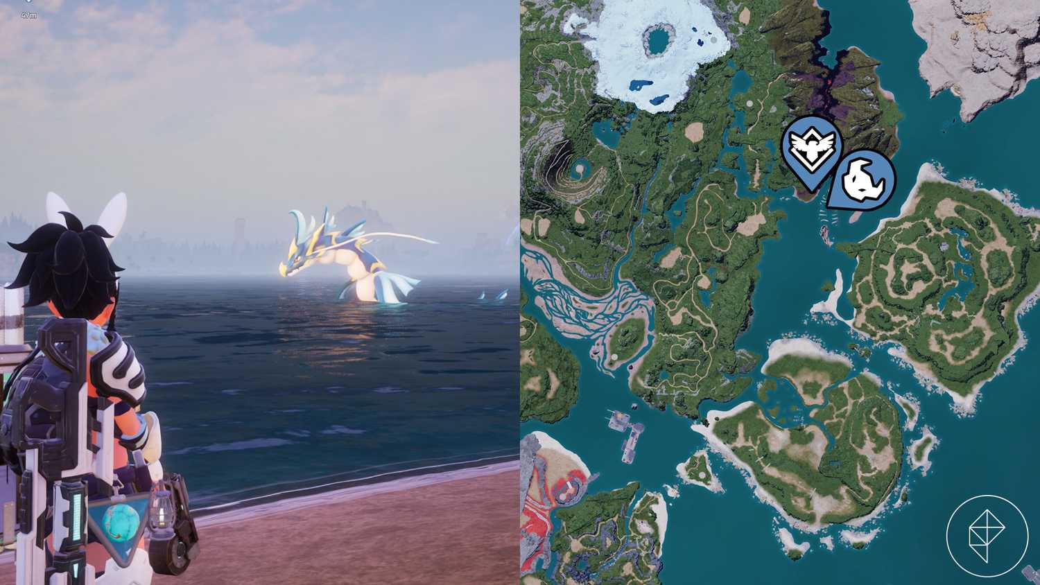 A huge serpent in the water in Palworld