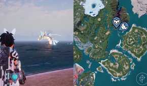 A huge serpent in the water in Palworld
