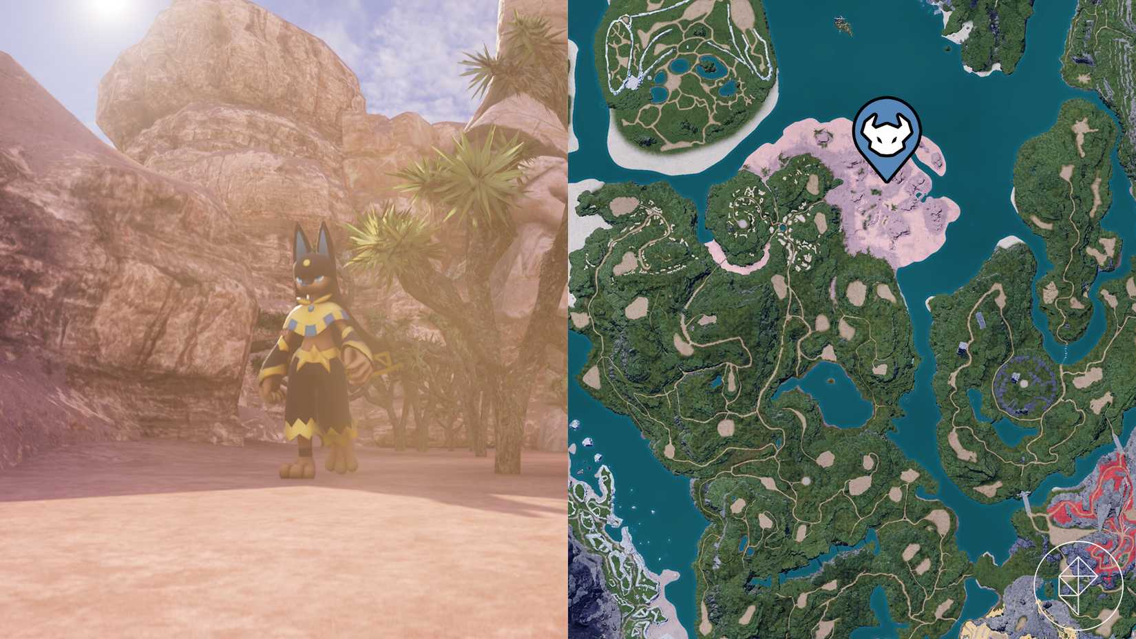 A map showing where to find Anubis in the desert in Palworld