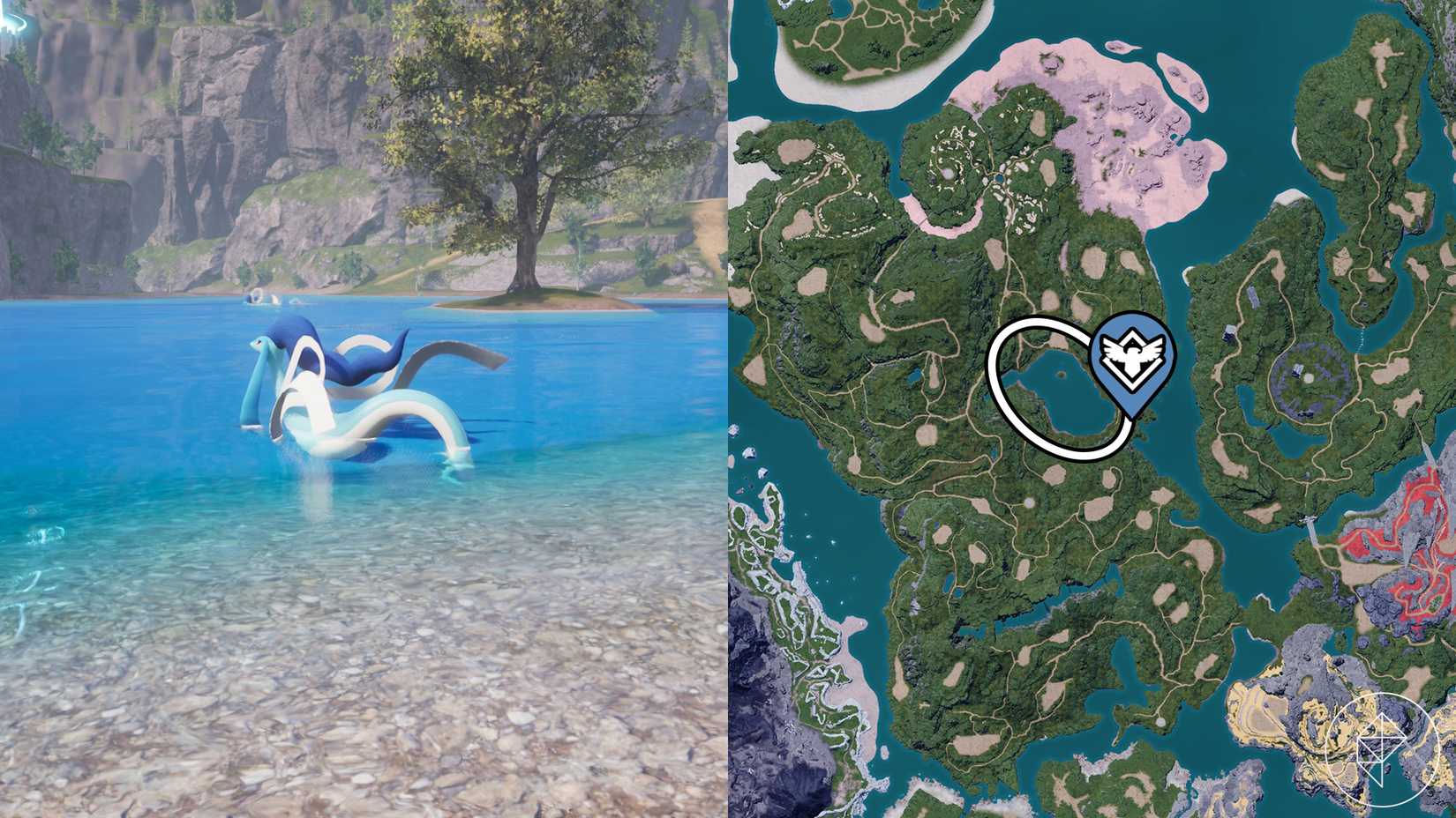 An Azurobe swims in a lake in Palworld