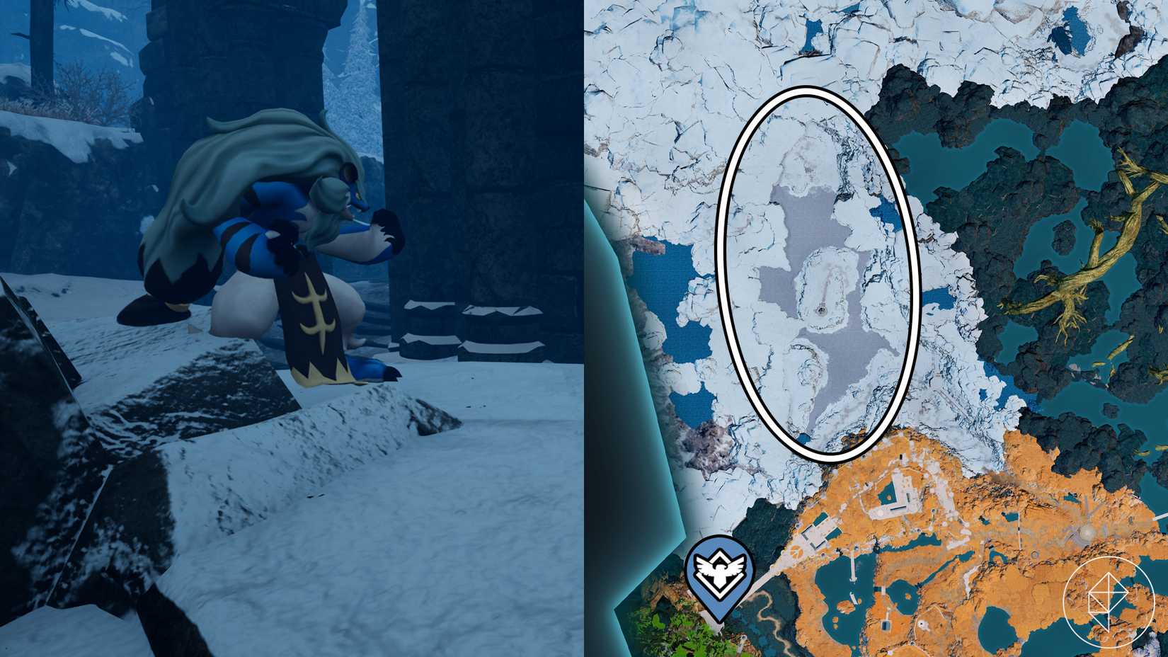 Bastigor, a beast who does martial arts, walking around an icy area in Palworld