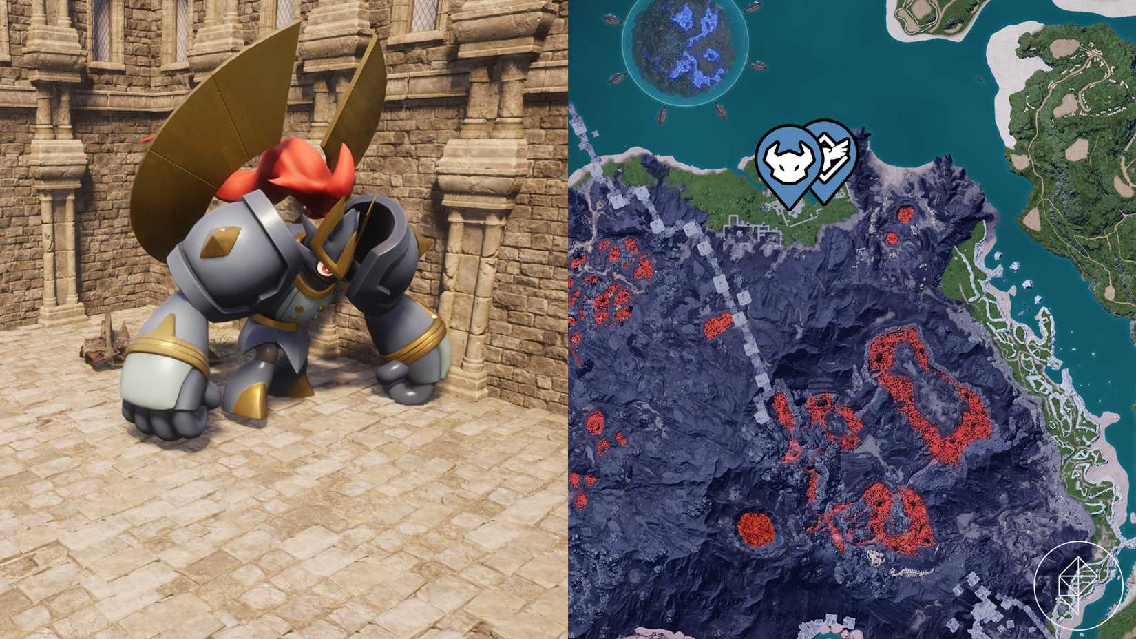 An Alpha Knocklem in a castle in Palworld