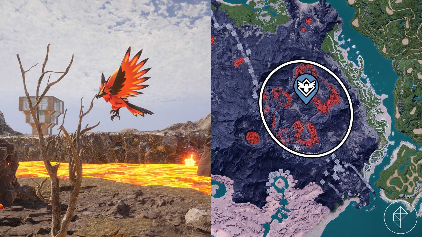 A Ragnahawk flying above lava in Palworld