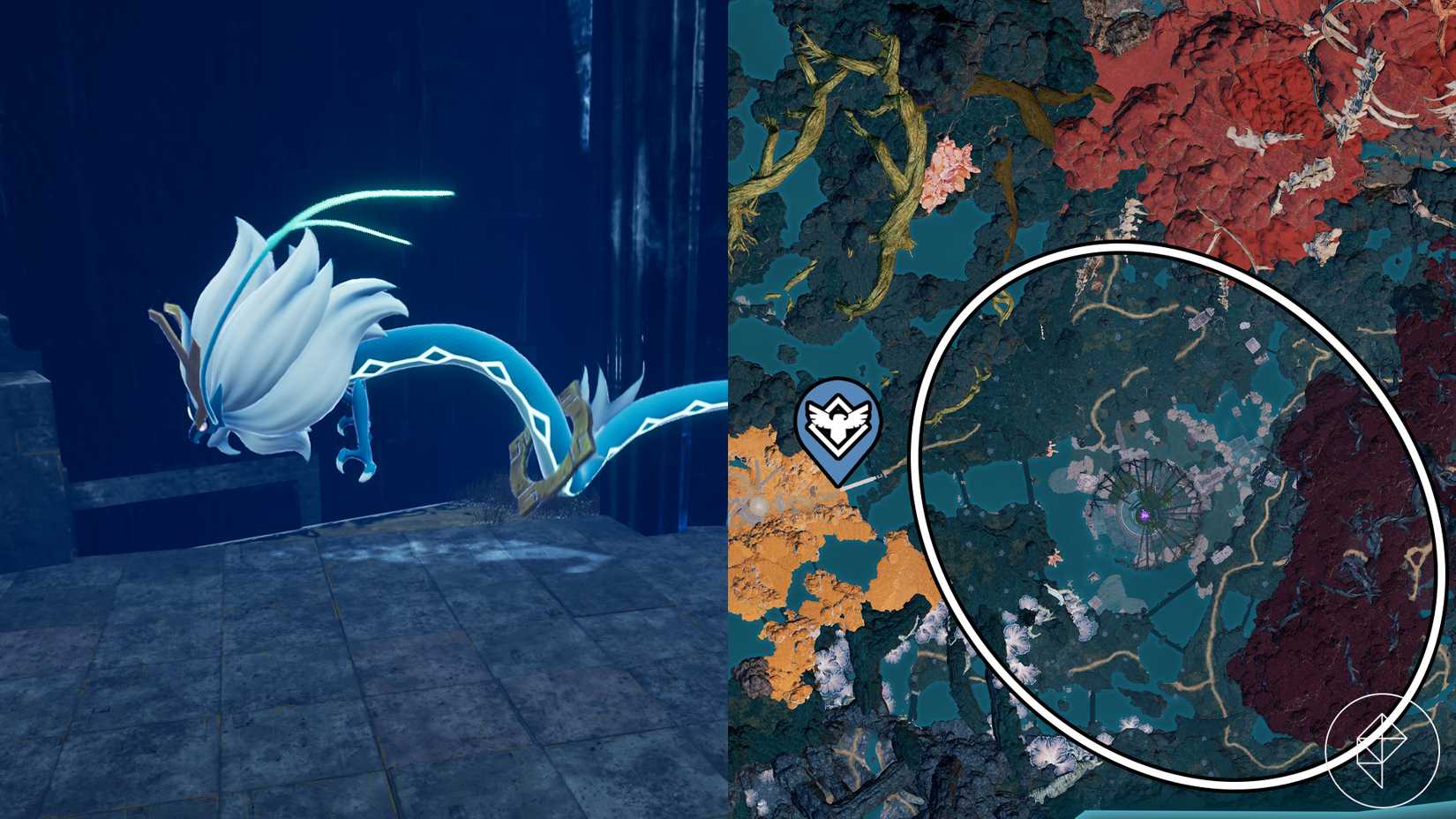 Shaolong, a blue long dragon, floats around in Palworld