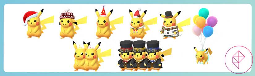Several costumed Pikachu, including one being held up with balloons.