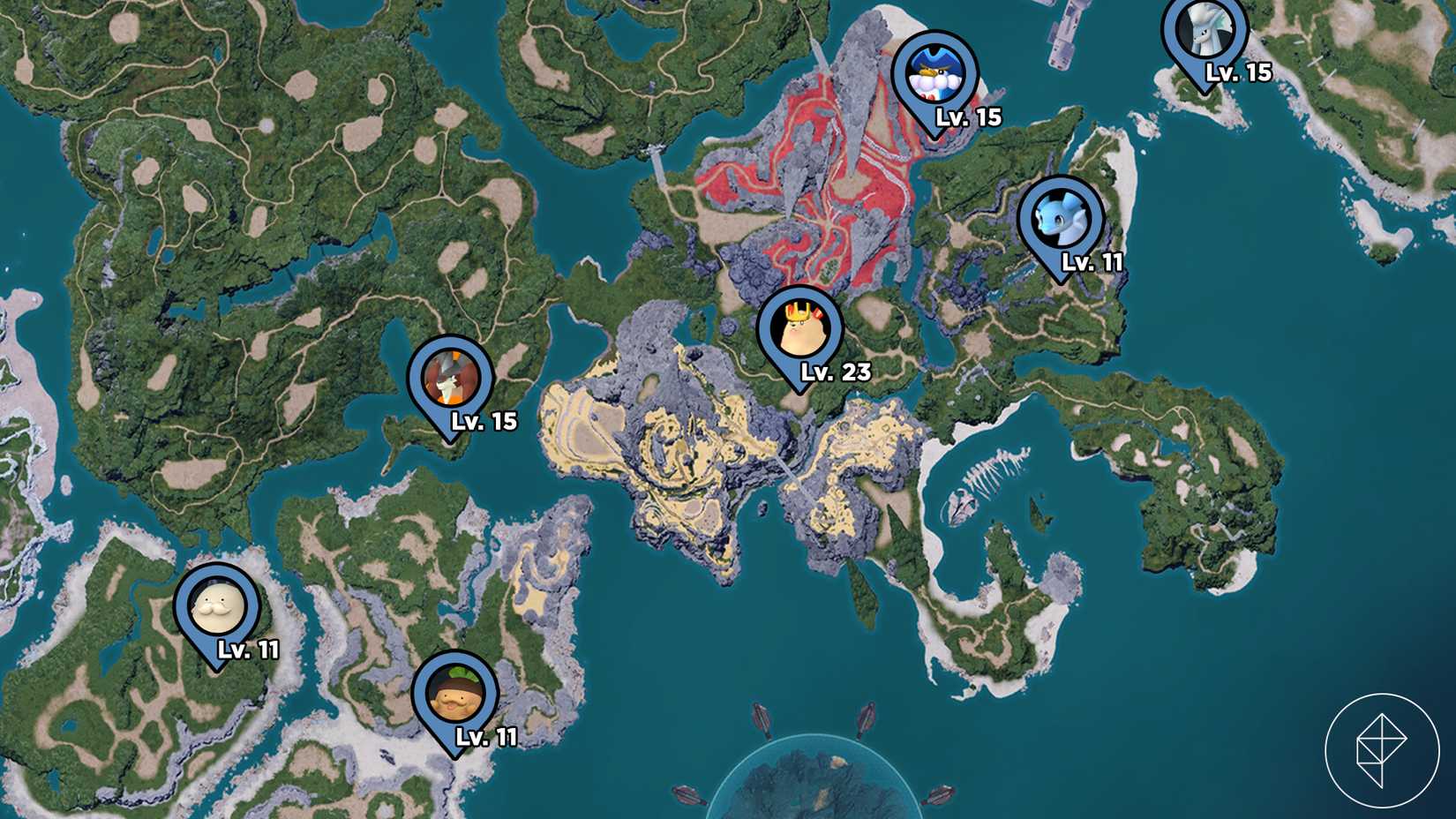 A map showing many Alpha Pal locations in Palworld