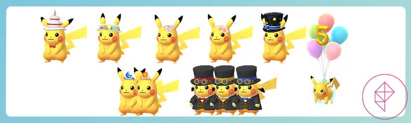 A series of Pikachu in different head accessories in Pokémon Go