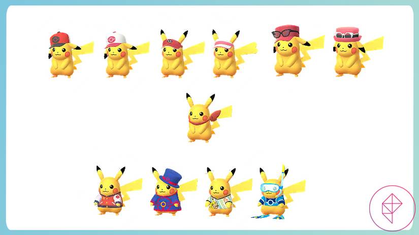 Pikachu imitating a bunch of key trainers by wearing their hats in Pokémon Go