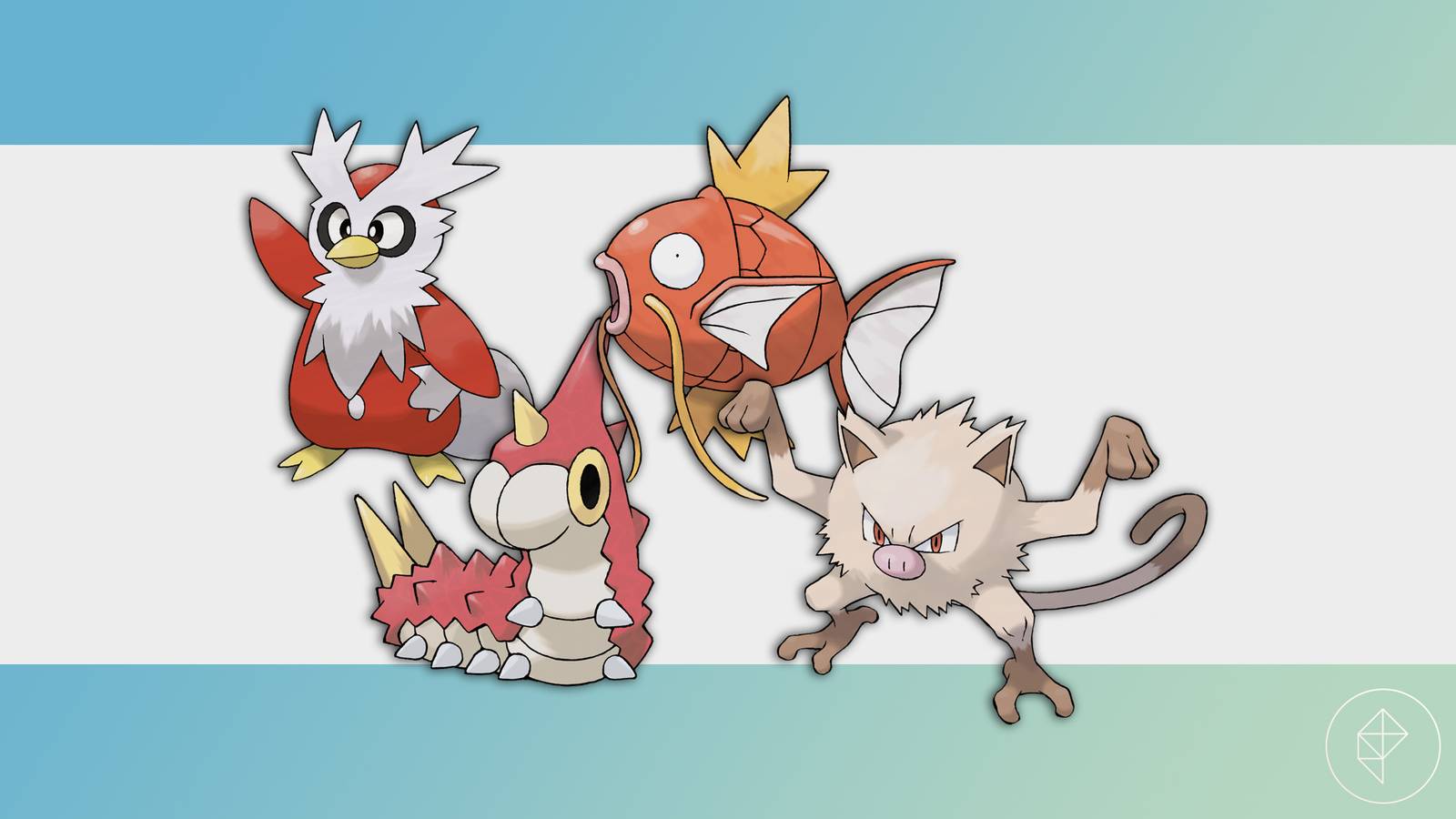 Delibird, Wurmple, Magikarp, and Mankey on a gradient background