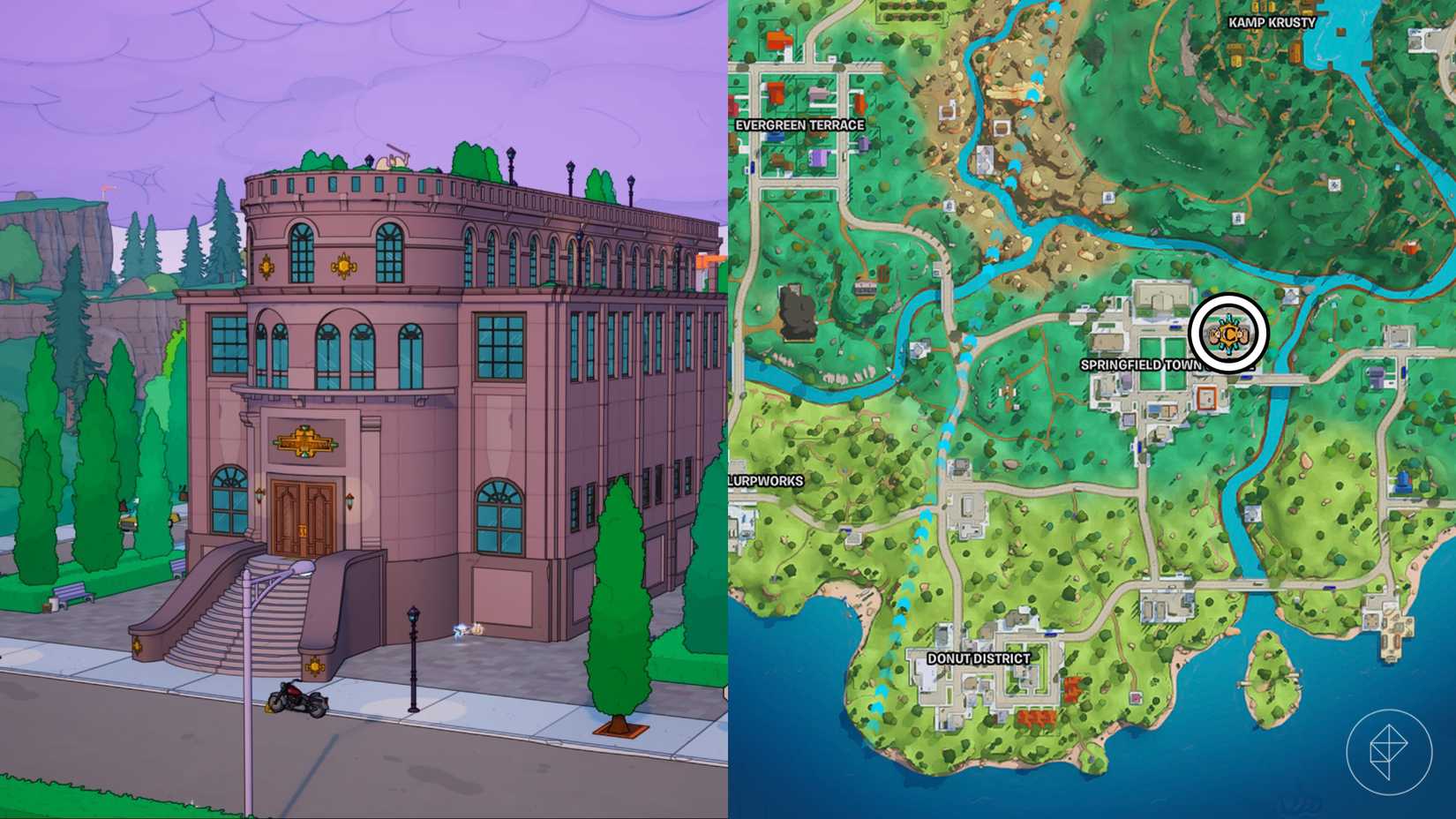 A map showing where to find The Confidential Hotel in The Simpsons' Fortnite Reload map.