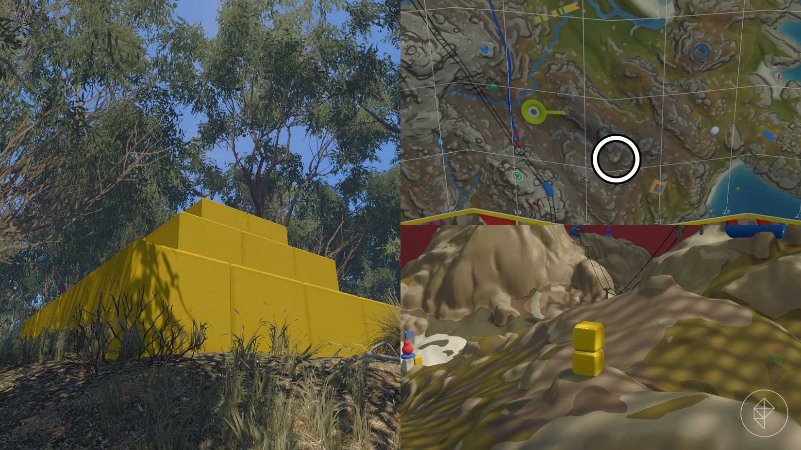 A comparison of what the yellow cube structures look like on different formats in Big Walk