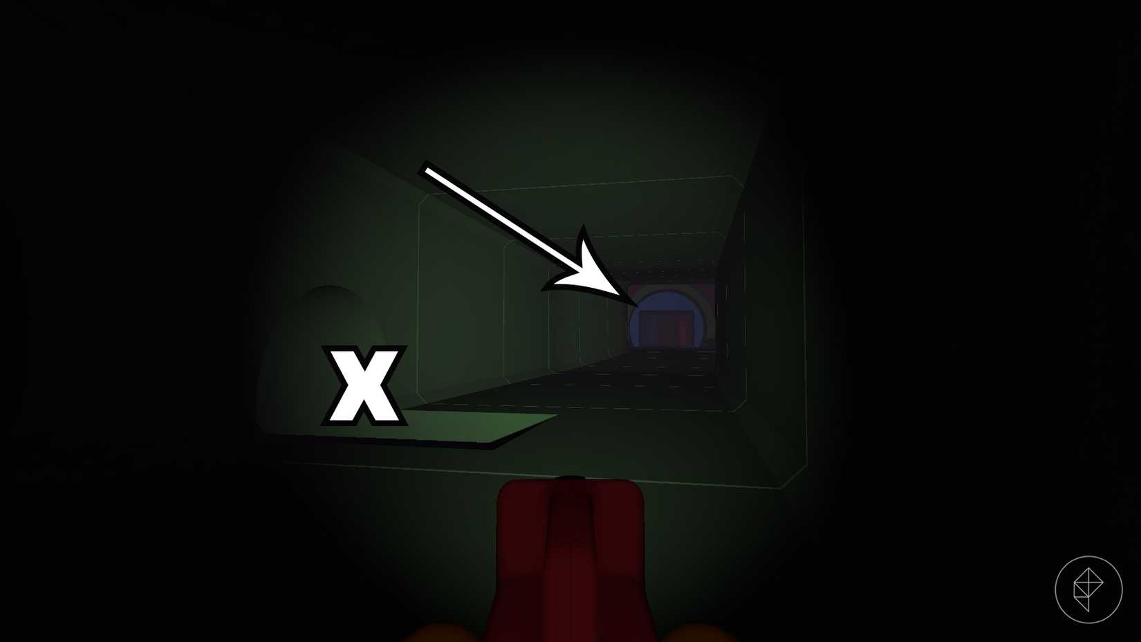 An X over a dip in a green path with an arrow pointing towards the front in Big Walk.