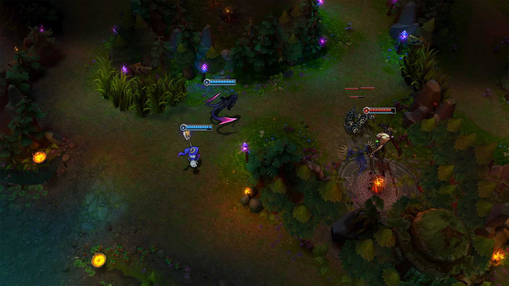 Evelynn, Veigar, and Fiddlesticks clashing in the classic jungle.