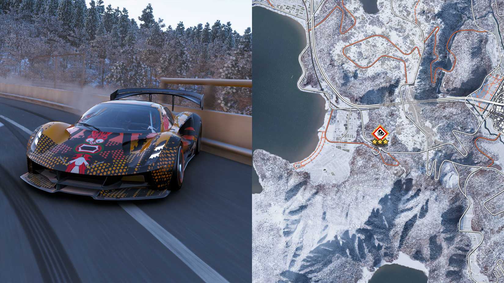 The location of the Kawazu Nanaderu Loop Bridge Drift Zone marked on the map in Forza Horizon 6.