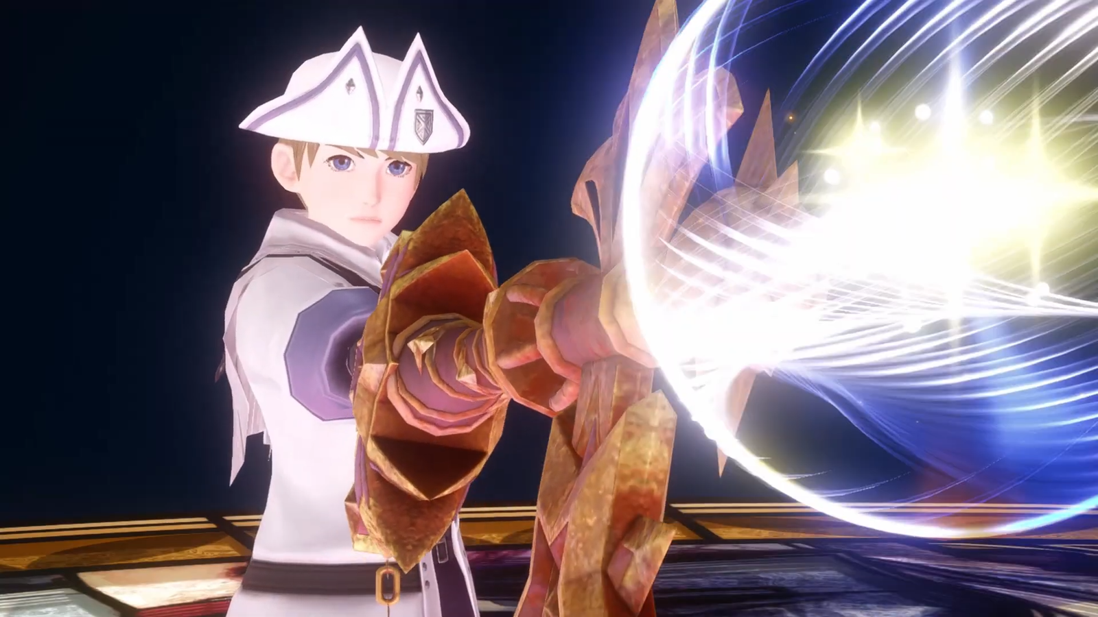 A boy in white pointing a keyblade.