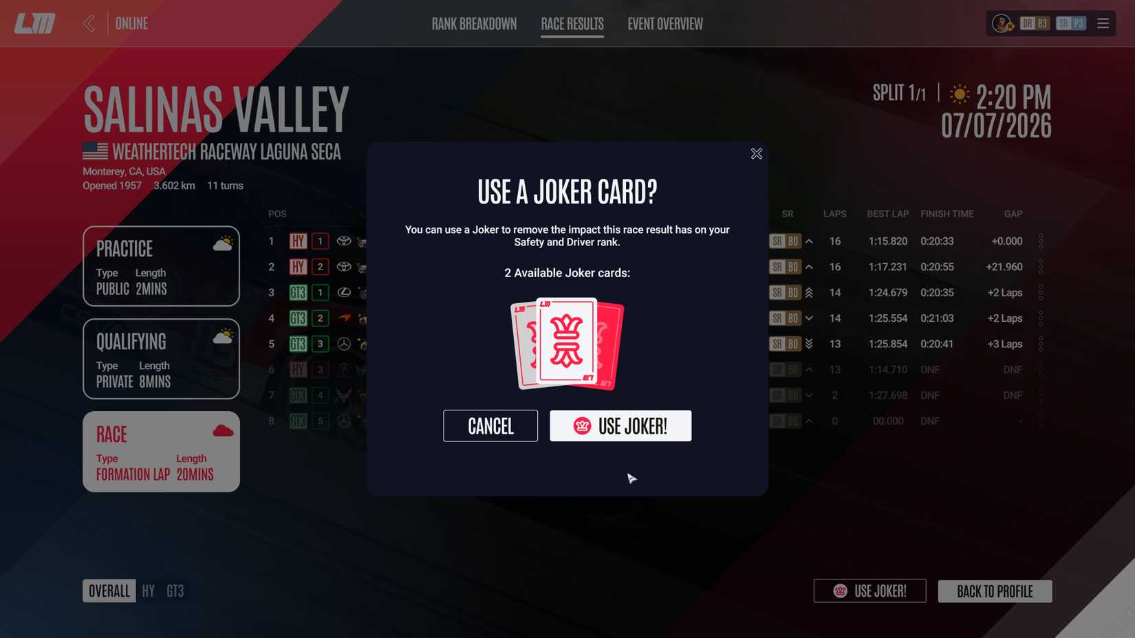 Joker cards in Le Mans Ultimate.