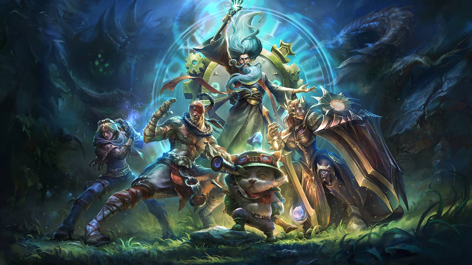 Zilean, Ezreal, Lee Sin, Teemo, and Leona từ League of Legends đang trong đội hình chiến đấu
