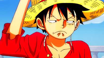 Still from One Piece of Luffy looking angry.