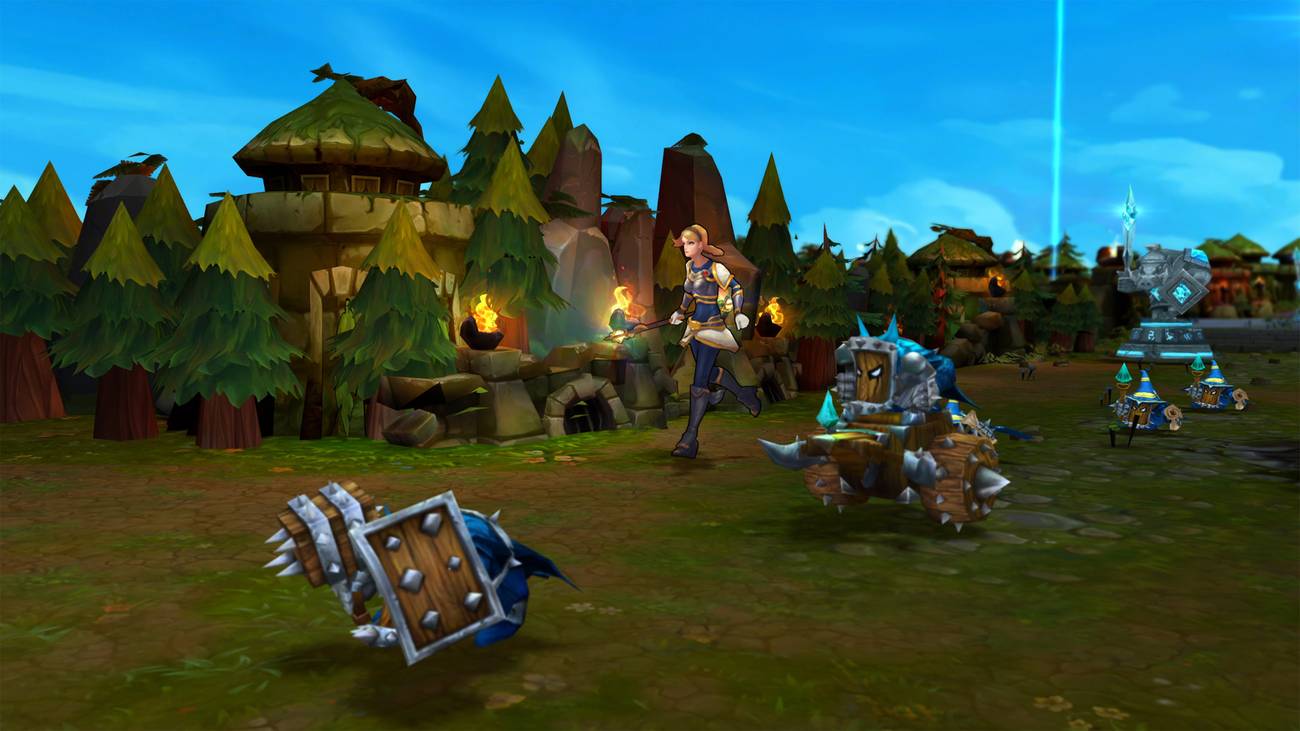 Lux, an armored blonde woman holding a wand, walking on a grassy path alongside blue minions with wooden shields in League of Legends Classic.