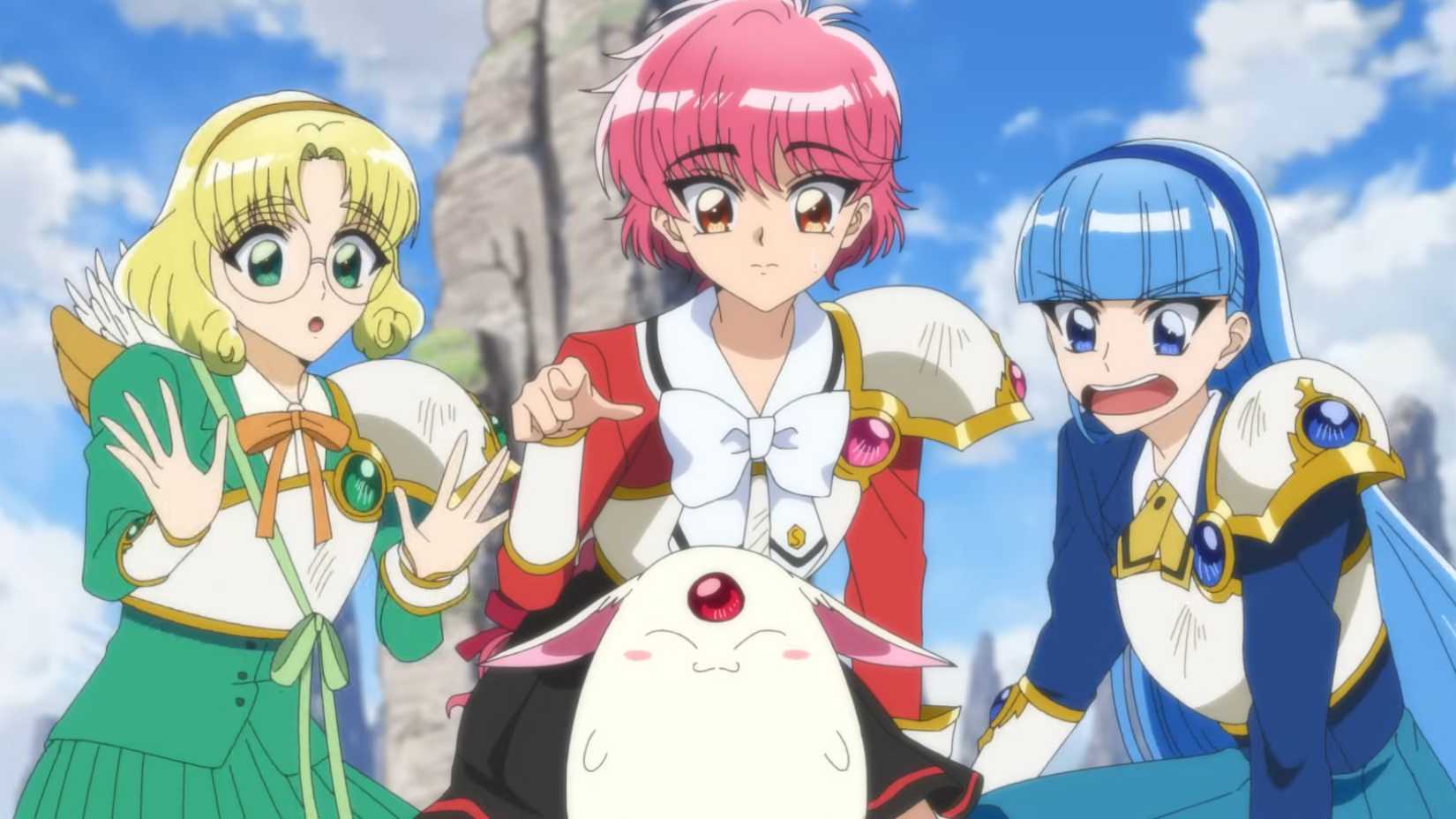 Magic Knight Rayearth remake image featuring full cast; Hikaru Shidou, Umi Ryuuzaki, and Fuu Hououji