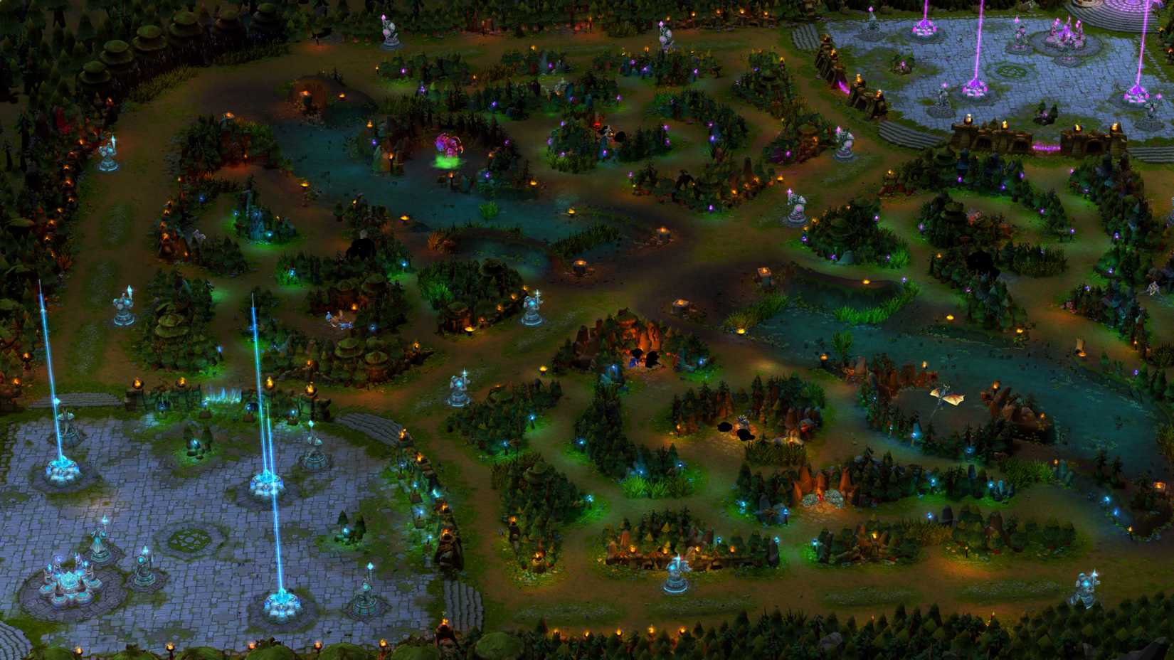 The classic League of Legends map featuring three lanes, two bases, and a jungle.