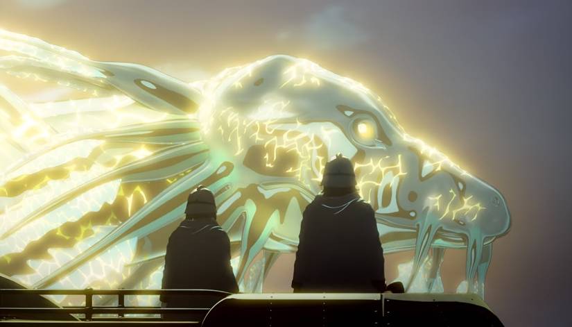 Two crew members watch a glowing dragon in Drifting Dragons