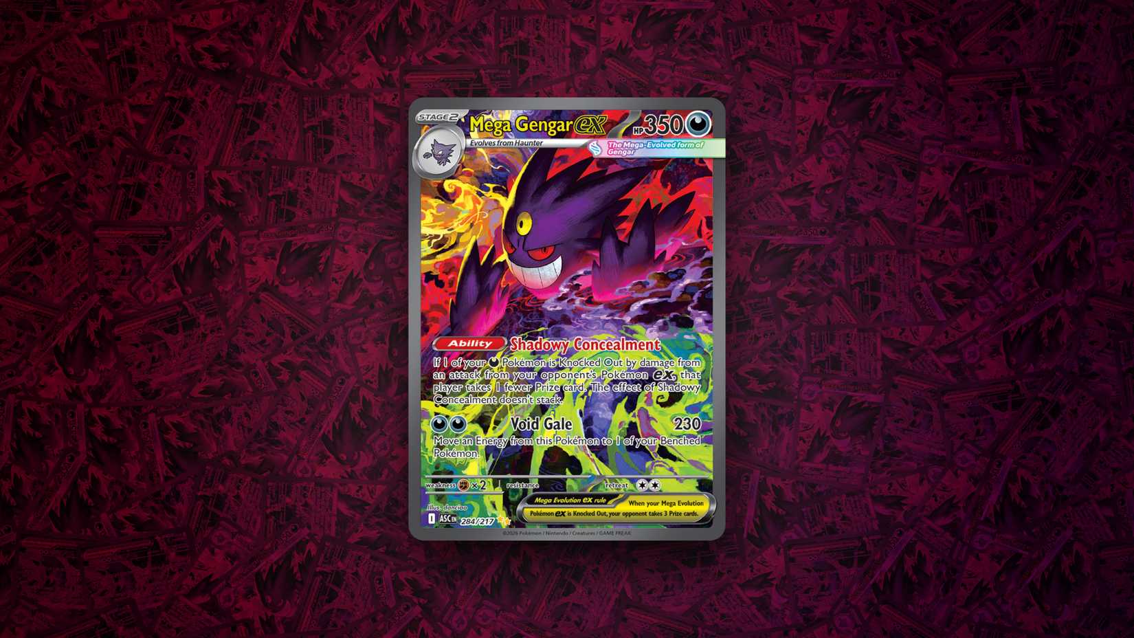An image of the Mega Gengar Ex card from the Pokemon Ascended Heroes TCG set. 
