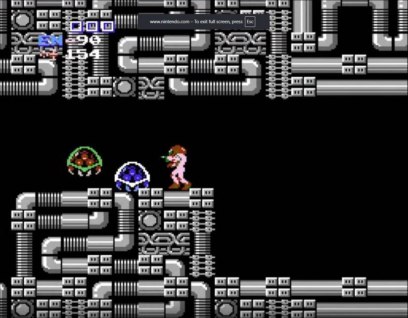 Samus Aran faces two swarming metroid enemies in a narrow corridor in Metroid (NES)
