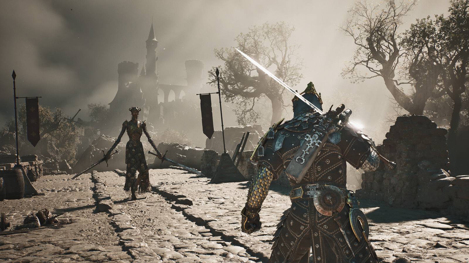 A knight walks towards an enemy wielding two swords in a still from Mortal Shell 2