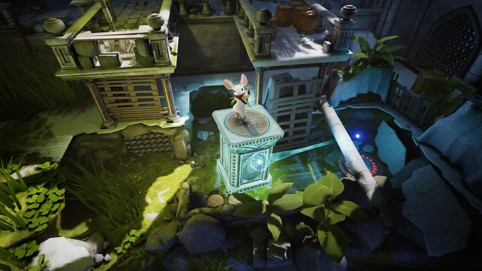 Moss-ForgottenRelic-Twofold-puzzle Quill waving at the camera on top of a blue block